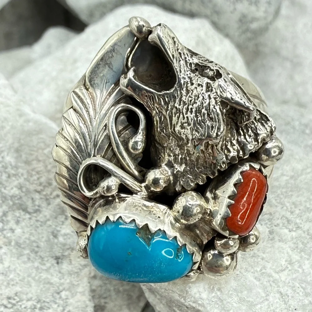 Navajo Sterling Silver Wolf Ring w/ Turquoise & Coral—Genevieve Francisco — 10.5
